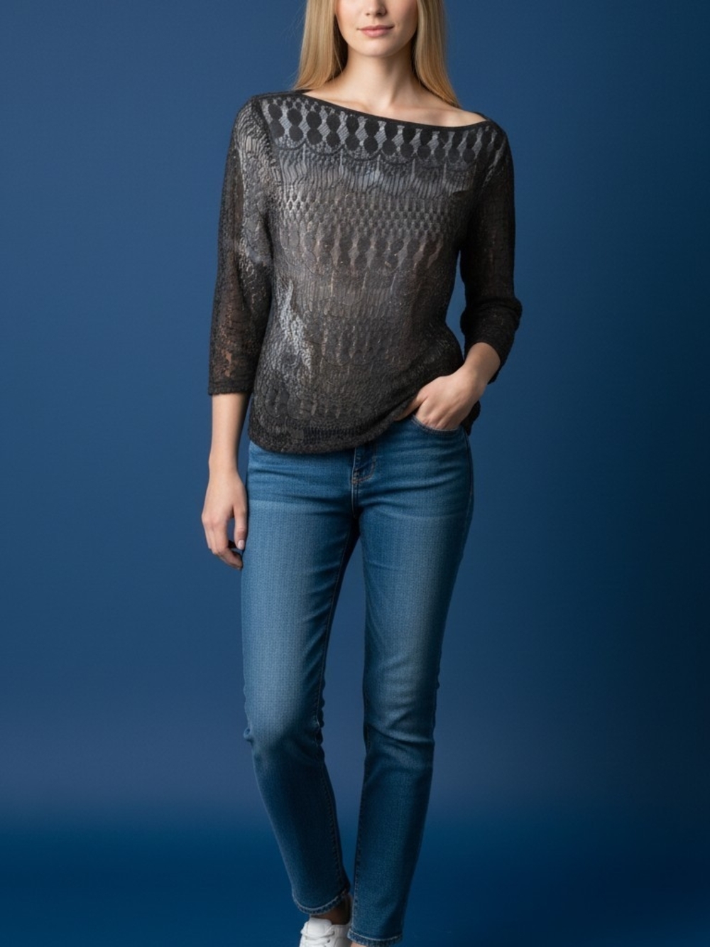 Women’s Black Sheer Knit Boatneck Top